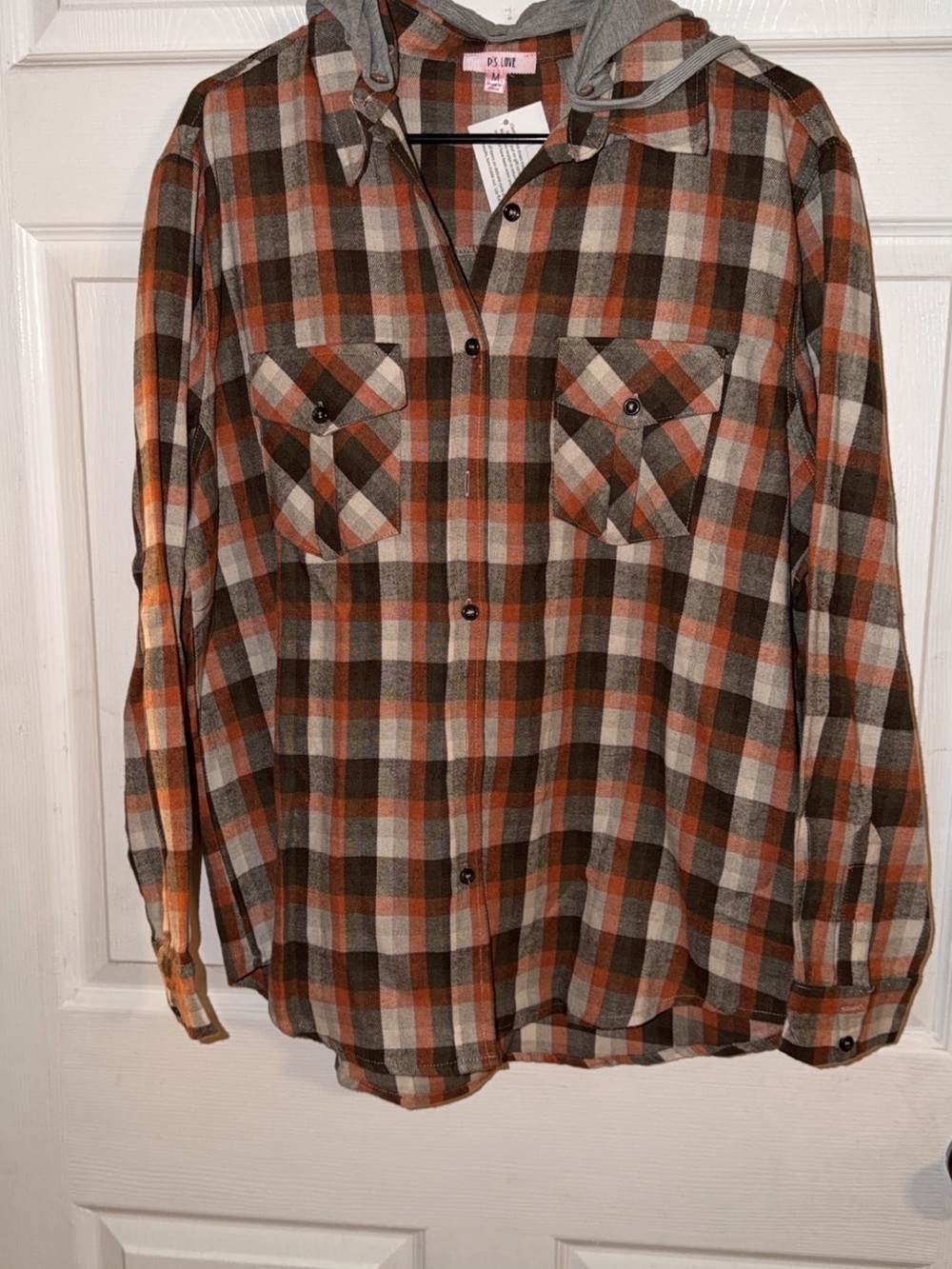 Plaid Button-Down Hooded Shirt Jacket - Brown & Orange